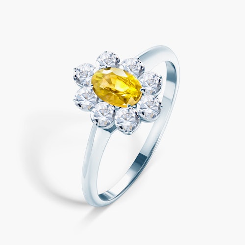 Pierścionek zaręczynowy SAVICKI: białe złoto, żółty szafir, białe szafiry